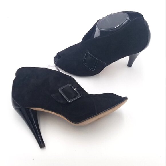 Vaneli Suede Patent Leather Bootie Peep Toe Buckle - Picture 1 of 11